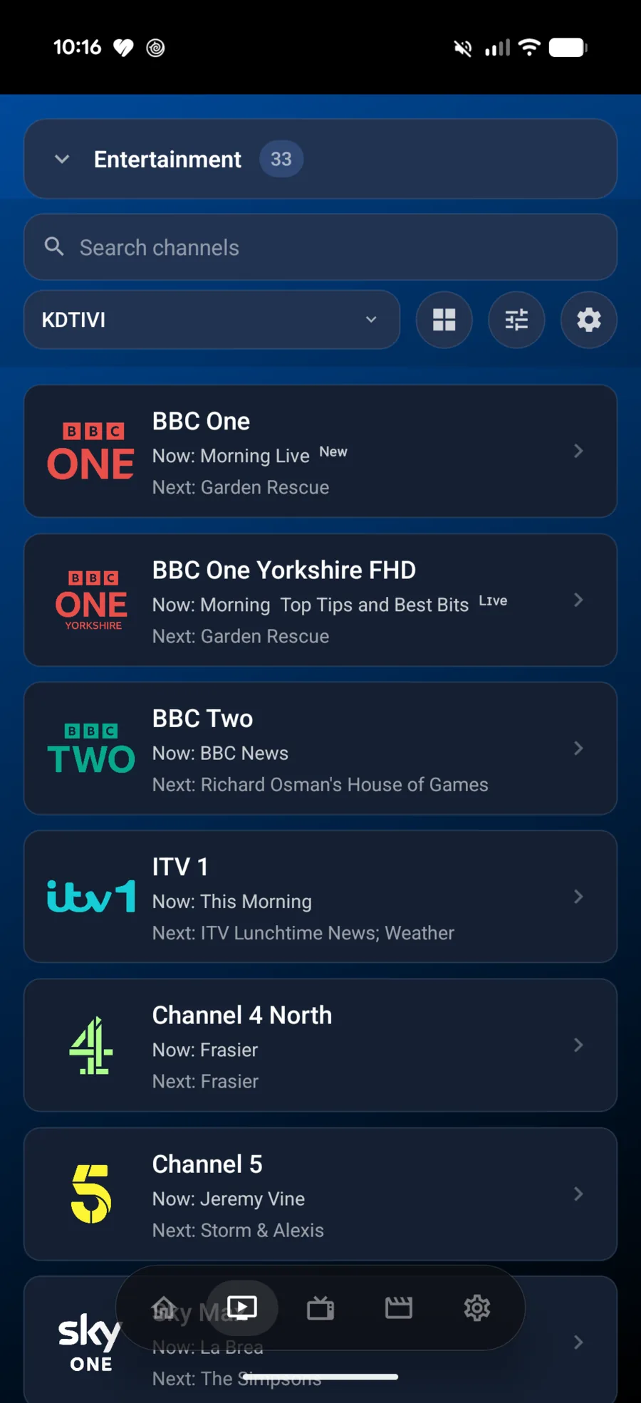 KDTIVI on Android showing the live channel list with now and next