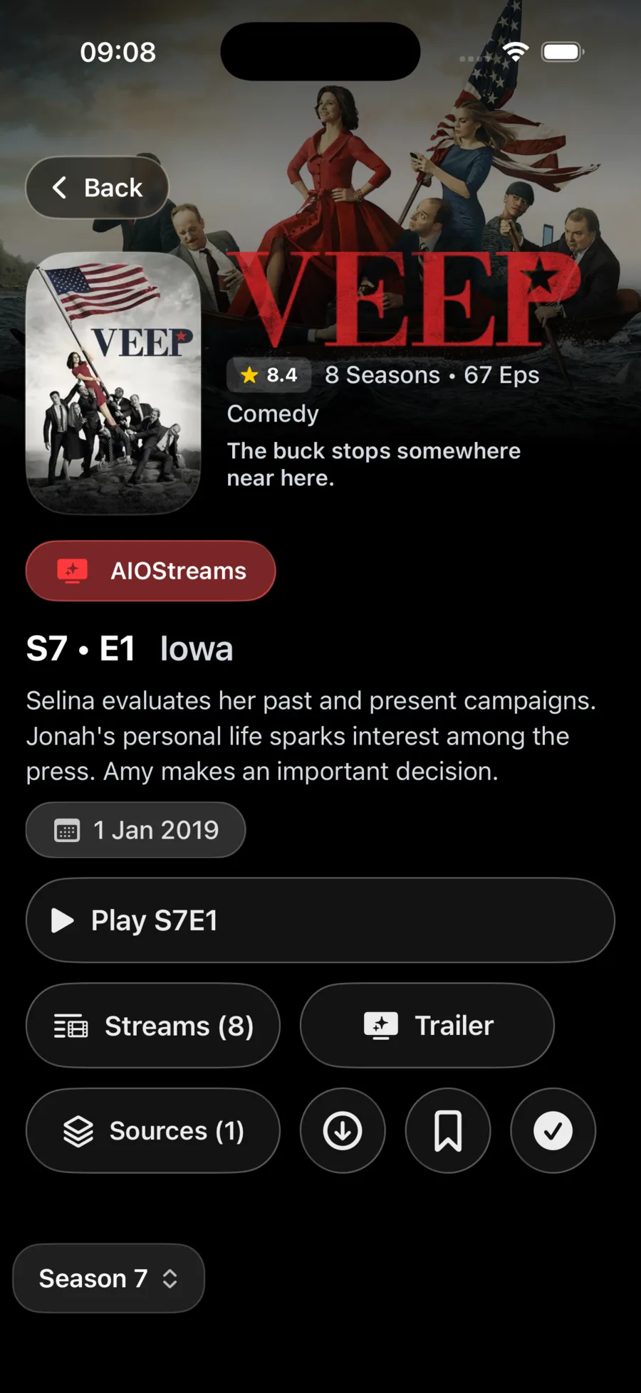 The same show on iPhone, with streams, sources and downloads