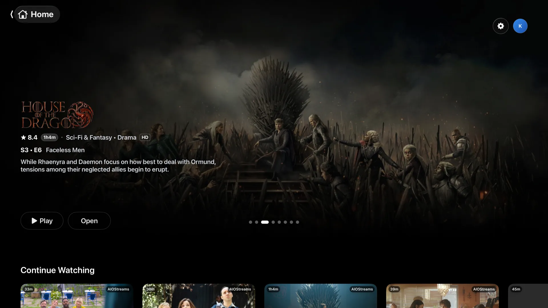 The KDTIVI home screen on Apple TV, with a full-bleed hero for House of the Dragon above Continue Watching