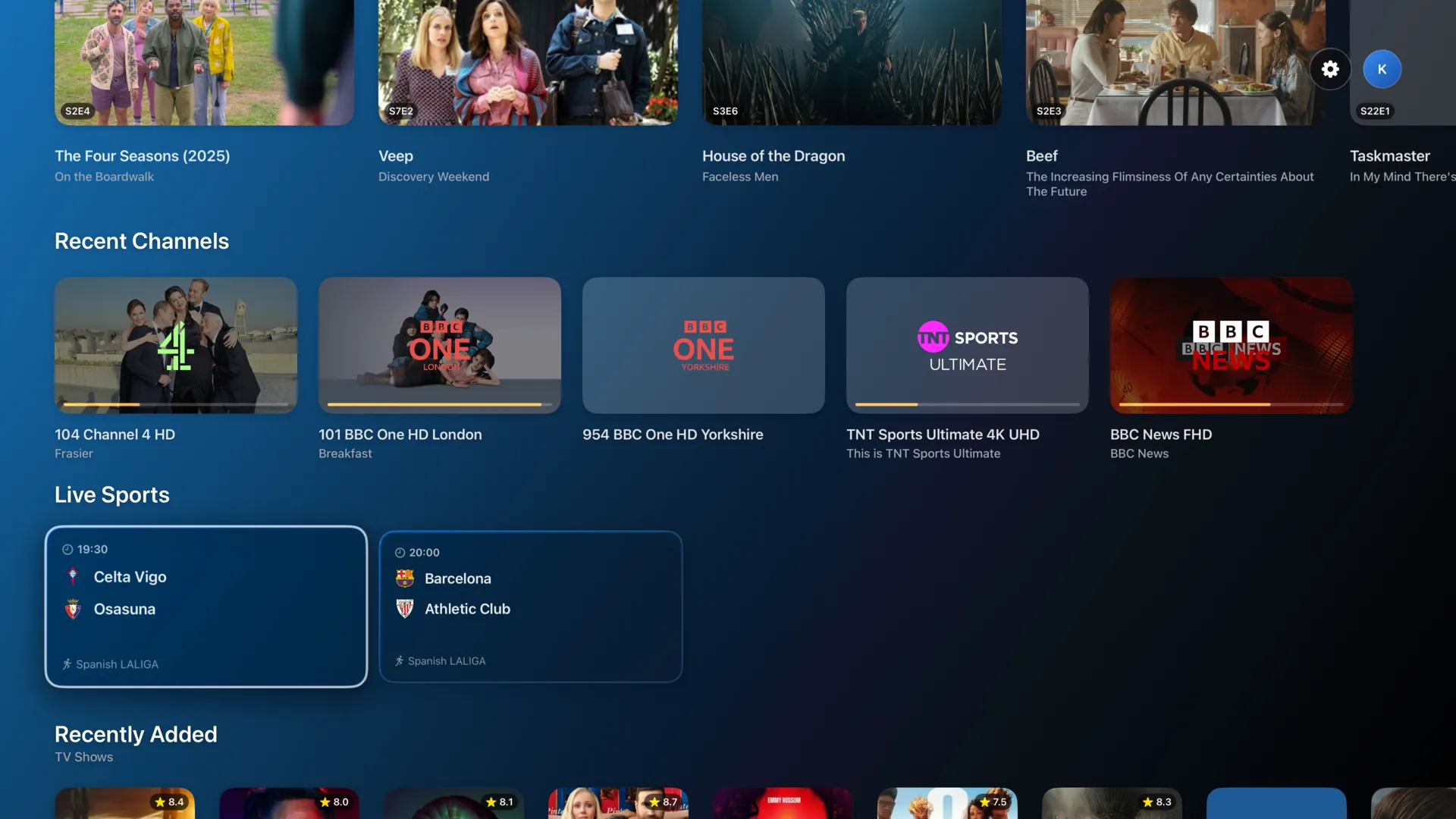 Live Sports fixtures on the KDTIVI Apple TV home screen