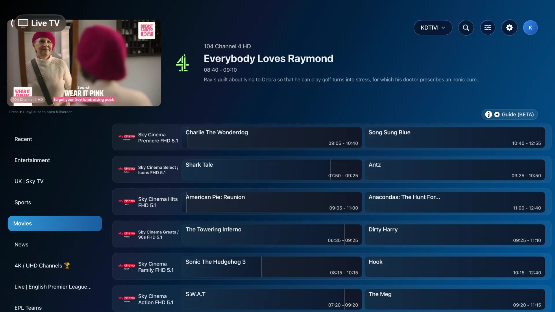 The KDTIVI live TV guide on Apple TV