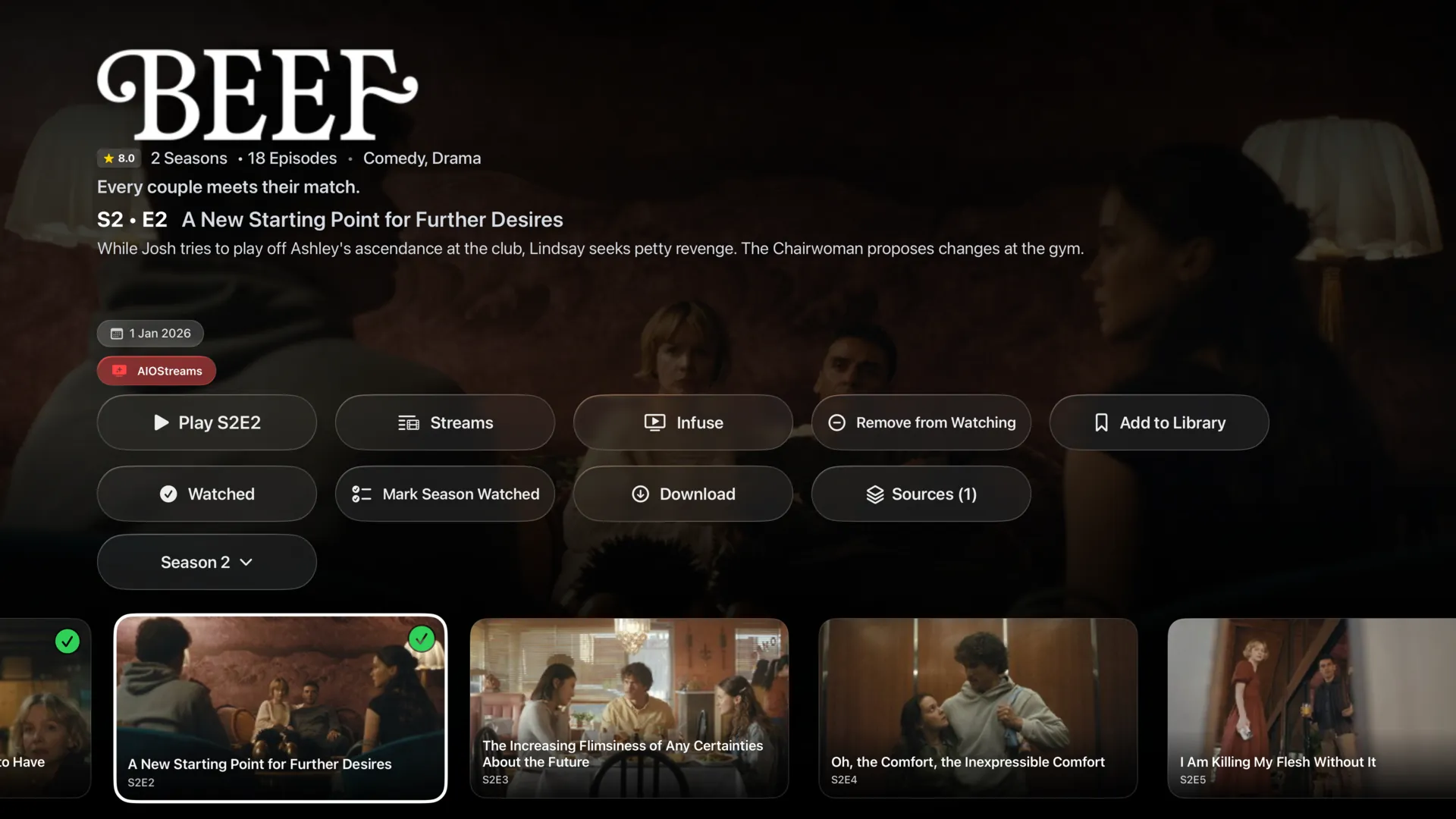 A show detail screen in KDTIVI on Apple TV with artwork, episodes and every available stream